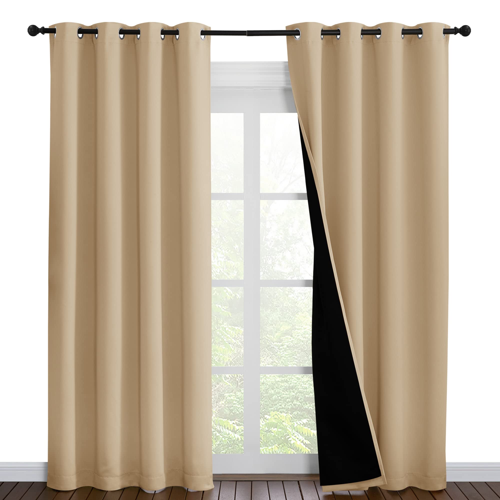 NICETOWN Living Room Completely Shaded Draperies, Privacy Protection & Noise Reducing Ring Top Drapes, Black Lined Insulated Window Treatment Curtain Panels(Biscotti Beige, 2 Pieces, W55 x L86)