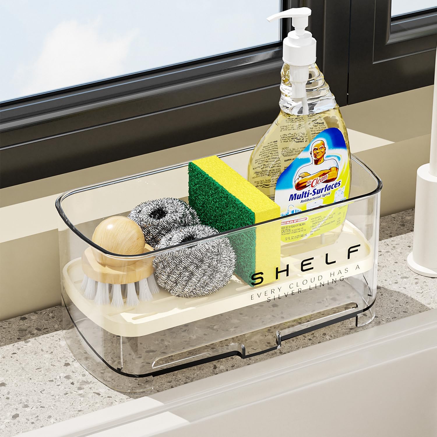 Sponge Holder for Kitchen Sink, Clear Acrylic Sink Organizer with Auto-Draining Tray, Countertop Sink Caddy for Sponges, Soap, Brush & Cleaning Tools - Image 6