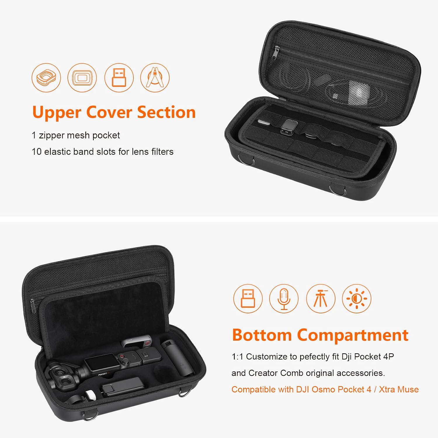 AMAZEAR Carry Case for DJI OSMO Pocket 4P, Pocket 4 Pro Accessories Compact Hard Shell Cover Travel Bag for Pocket4 / Xtra Muse with Shoulder Strap, Storage, Organization, Protection, Black image 3