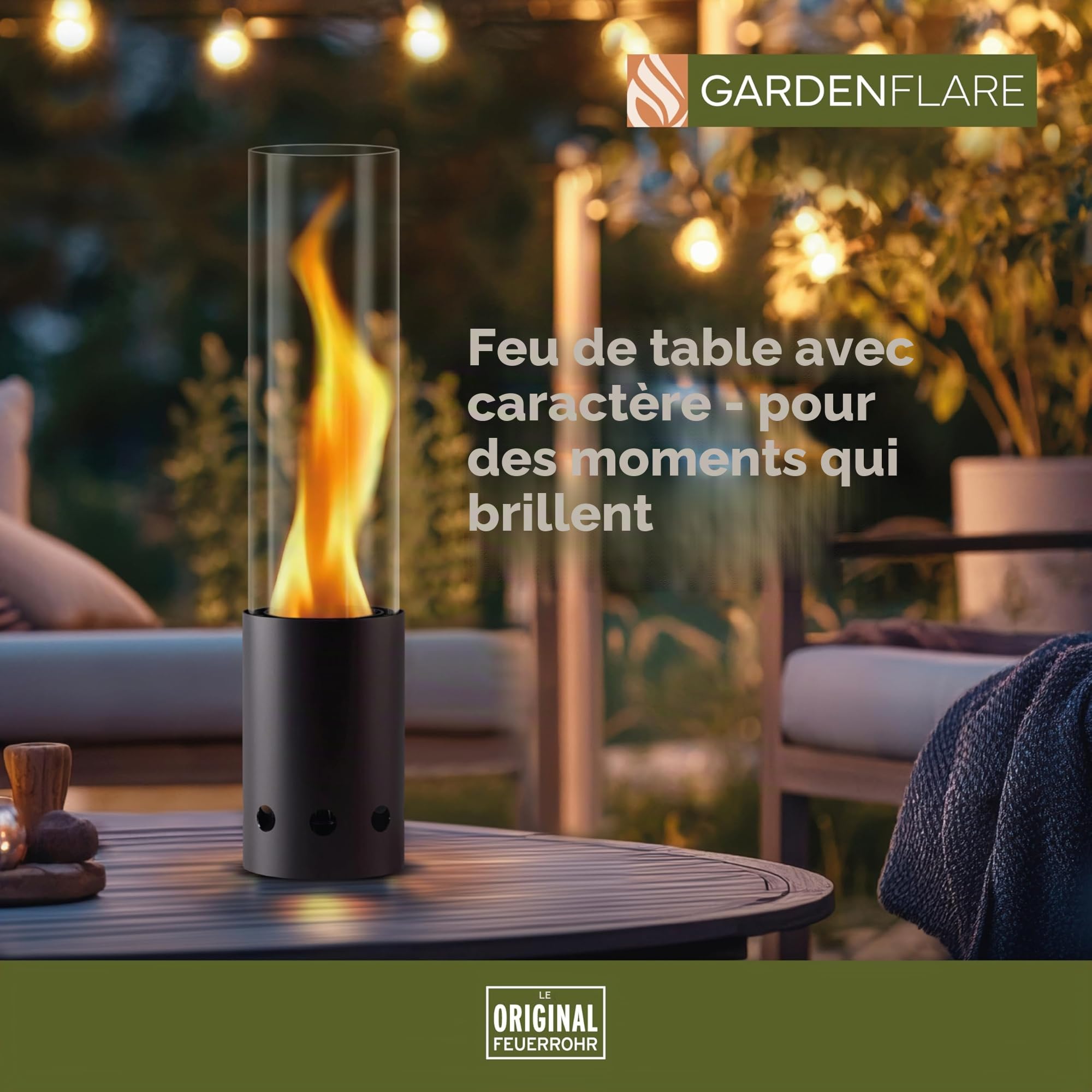 GARDENFLARE Cheminée de table d'extérieur en acier inoxydable sans fumée et tuyau de cheminée pour balcon et terrasse, décoration de jardin, lanterne avec fonctionnement à granulés de bois (noir)