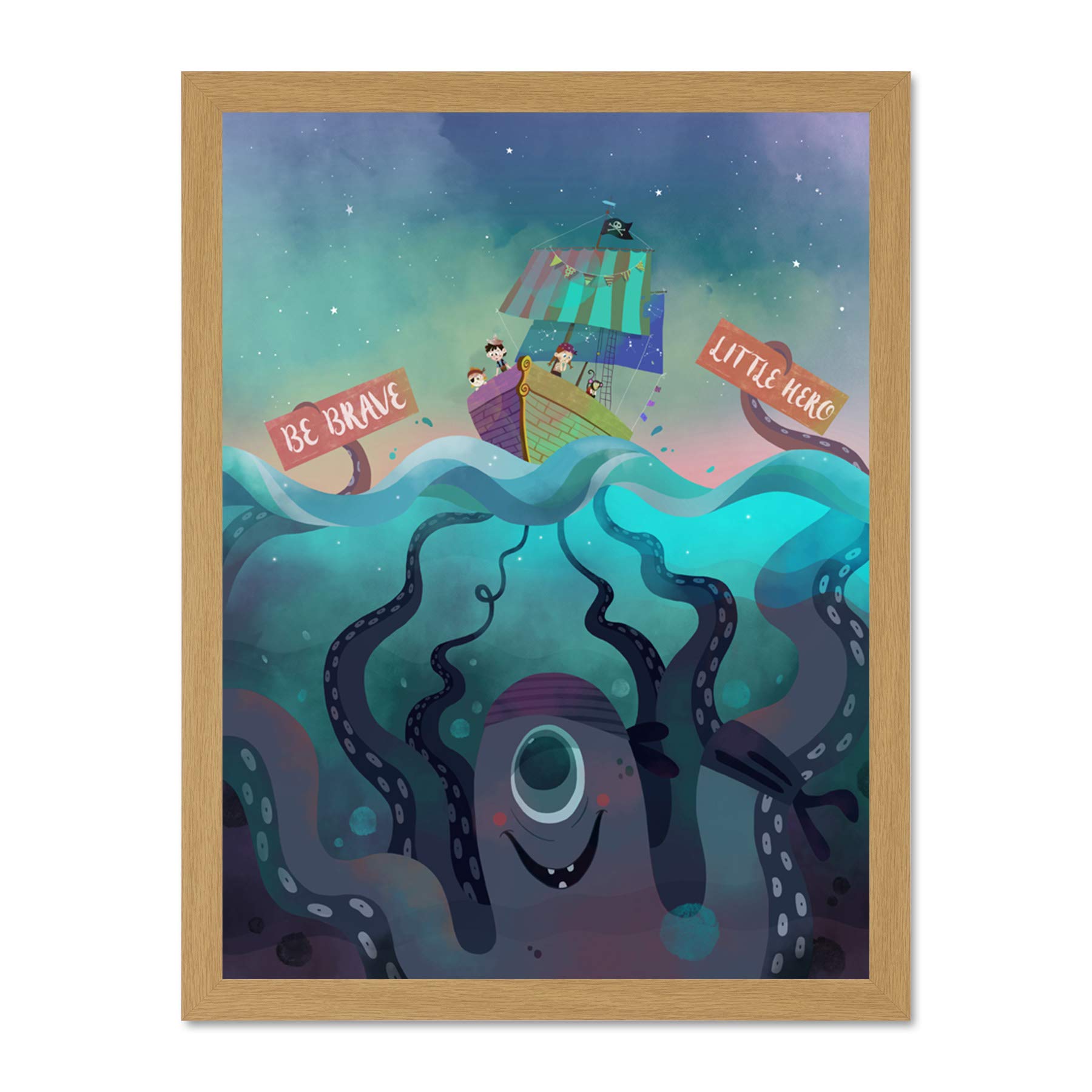 Wee Blue Coo Pirates Octopus Be Brave Large Framed Art Print Poster Wall Decor 18x24 inch