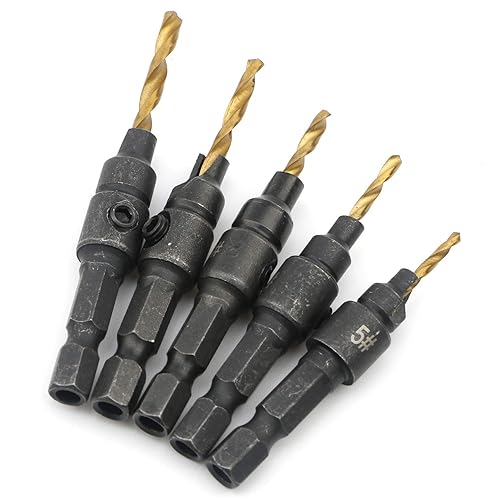 Miniatura 3 de Juego de 5 brocas avellanadoras con vástago hexagonal de 14 de pulgada, juego de brocas avellanadoras HSS 5#6#8#10#12 con juego de herramientas de