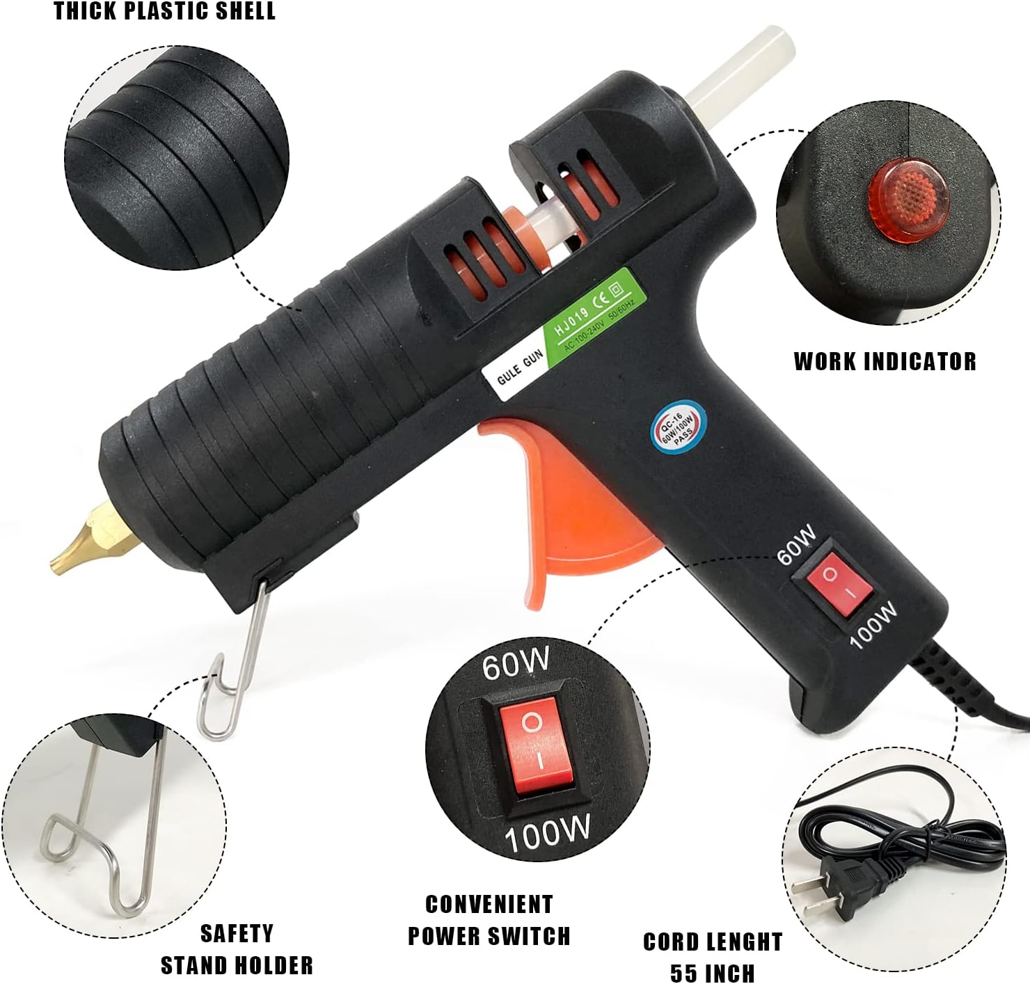 Hot Glue Gun,Full Size High Temperature Glue Gun Kit with 12 Clear Glue Sticks, 60/100W. For Craft School DIY Art Home and Quick Repair -BLACK