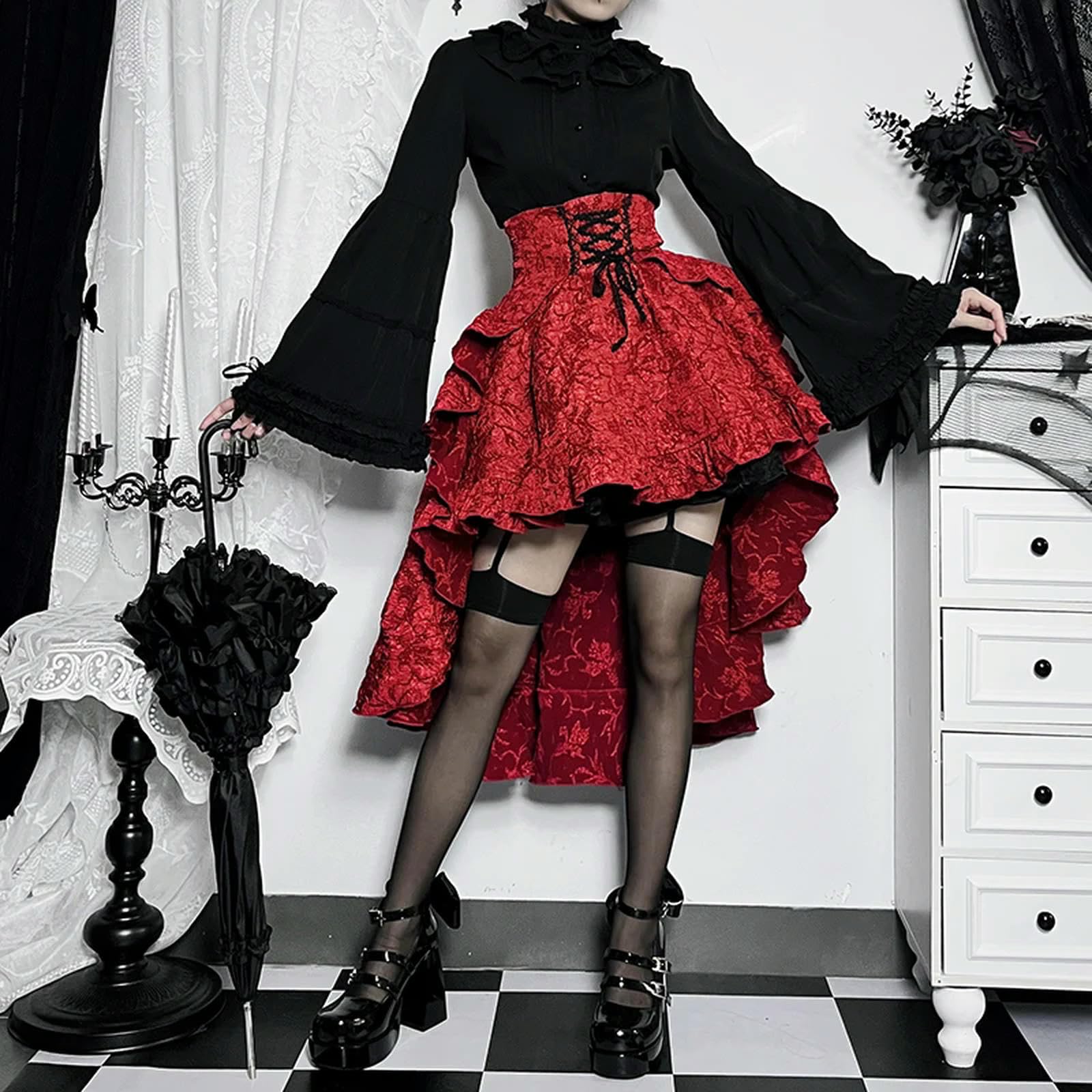 Gonne Gotiche Moda Nera Gonna da Donna Stile Harajuku Punk Goth Dark Streetwear Abbigliamento Femminile - Rosso - S