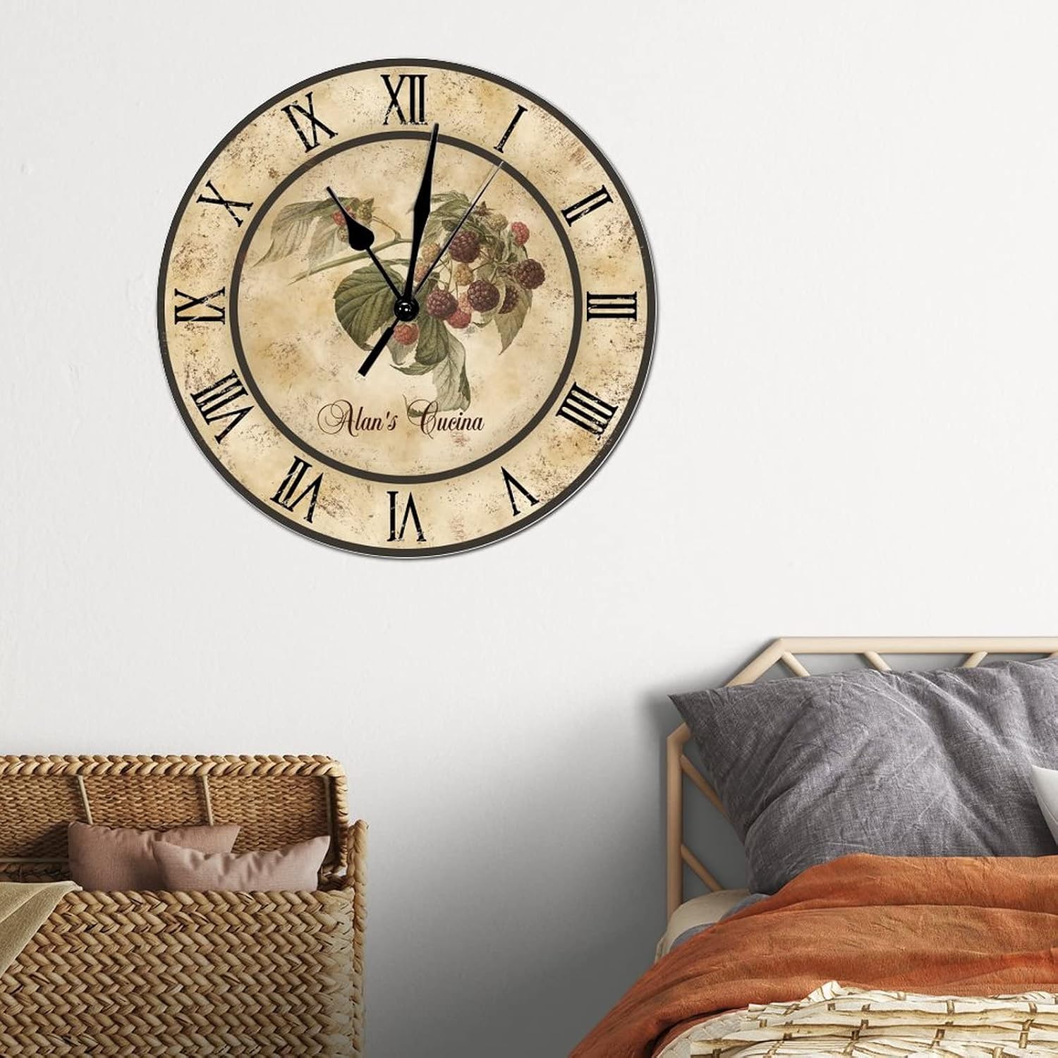 Raspberry Cucina Personalized Wooden Wall Clock Summer Fruit Hanging Wood Wall Clocks Battery Operated Non-Ticking Sweep 12 inch Abstract Farmhouse Wall Clock for Home Living Room Bedroom Office