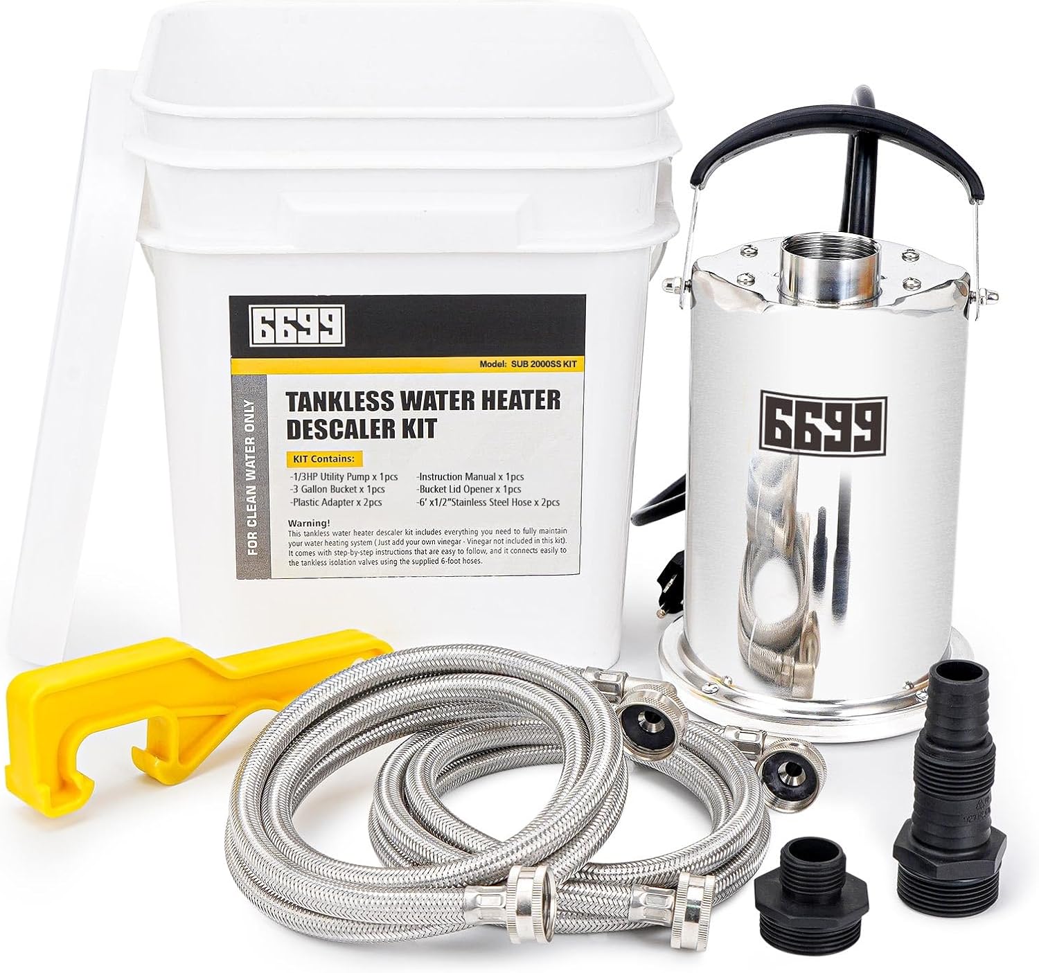 Tankless Water Heater Flushing Kit Includes 1/3HP Stainless Steel Sump Pump with Two Adapters & 3 Gallons Pail with Bucket Lid Opener & Two 1/2” Dia X 6’ Hoses with Washers