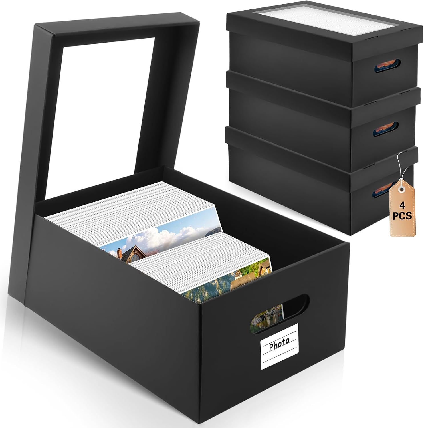 4PCS Black Photo Storage Box with Lids for 4"x6" 5"x7" Photos