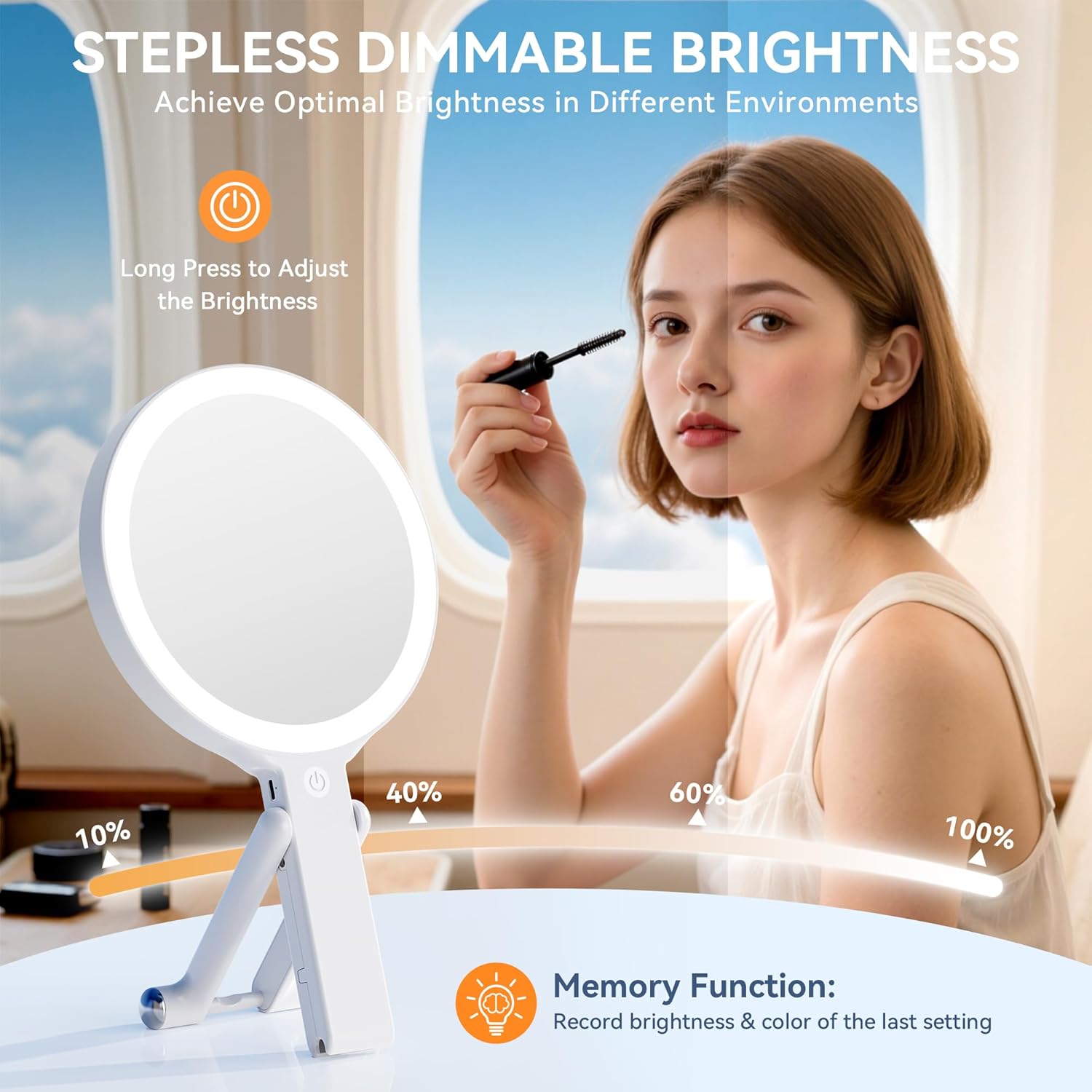 Auxmir Travel Makeup Mirror showing stepless dimmable brightness from 10% to 100% and a memory function.