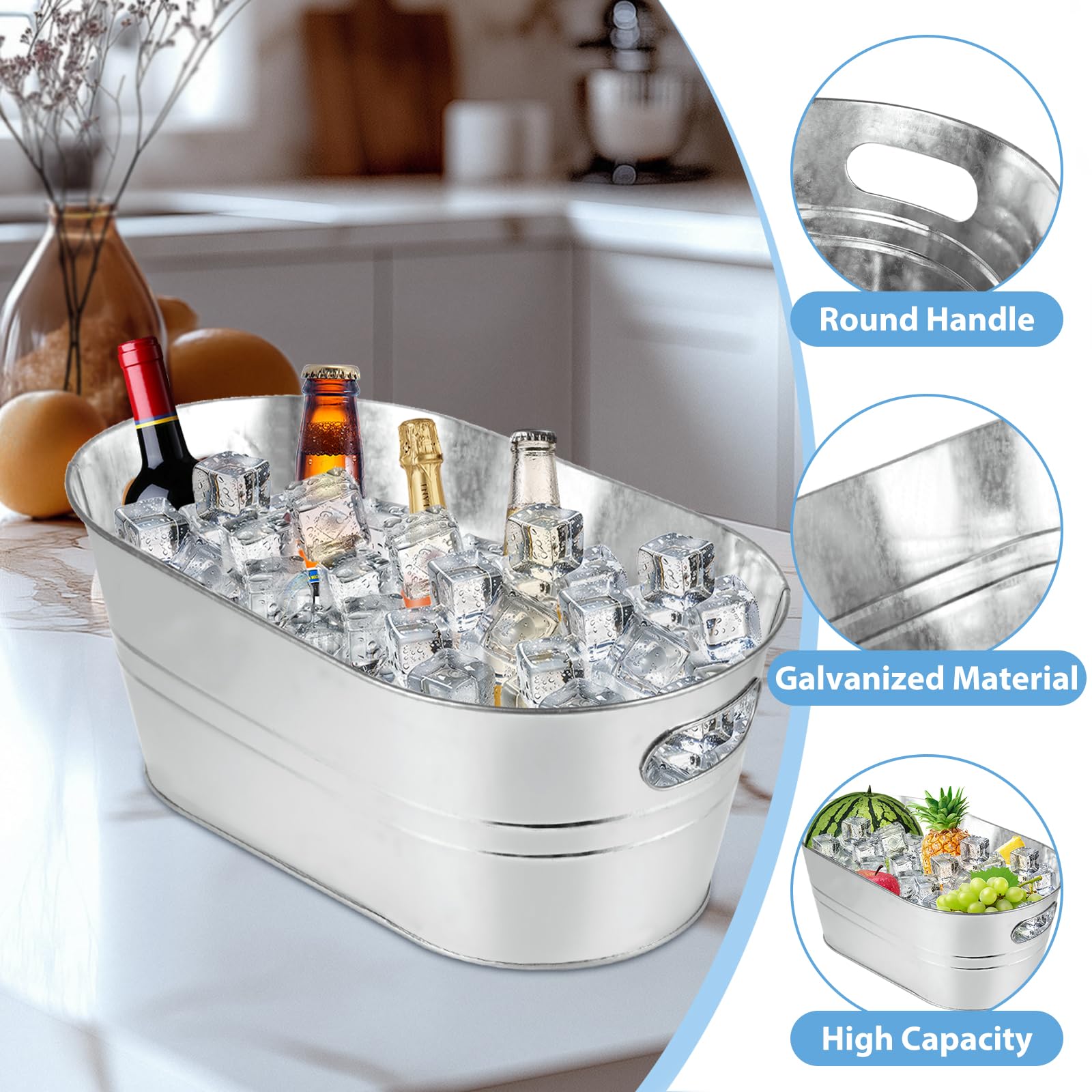 MIVIDE Paquete de 4 cubos de hielo galvanizados de 4 galones, cubos de hielo grandes de metal con asas, cubos de hielo galvanizados para fiestas, bar de cócteles