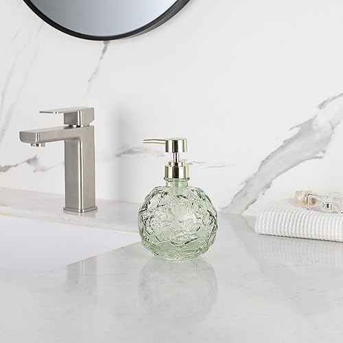 Miniatura 2 de Dispensador de jabón de vidrio en relieve floral verde salvia, dispensador de jabón recargable para baño, cocina y encimera, respetuoso con el medio