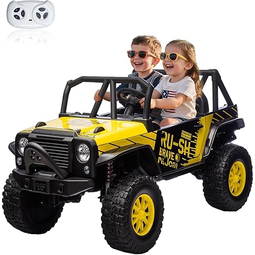 24V 2 Seater Power Wheels for Kids, 4WD Kids' Electric Vehicles with Remote Control for Girls Boys, UTV Ride On Car, Spring Absorbers, Wireless Bluetooth (Bright Yellow)
