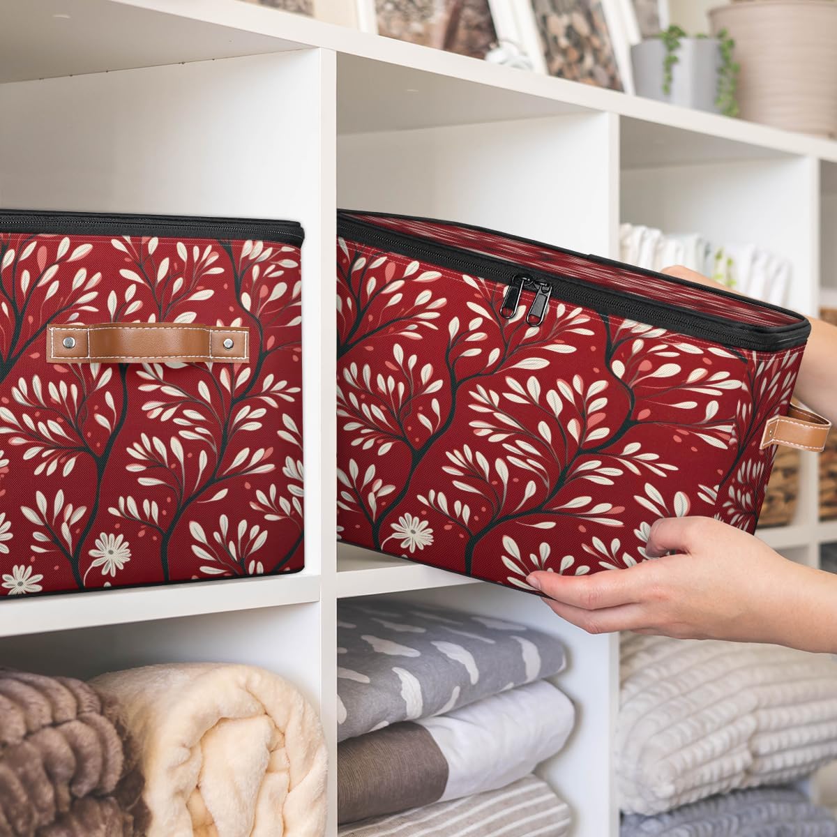 Storage Bin Set of 2 Plant Tree Storage Basket with Zipper Lid & Handle Foldable Closet Shelf 2 Pack Cloth Organizer Basket Cube Bins Clothes Organizer for Bedroom, Nursery