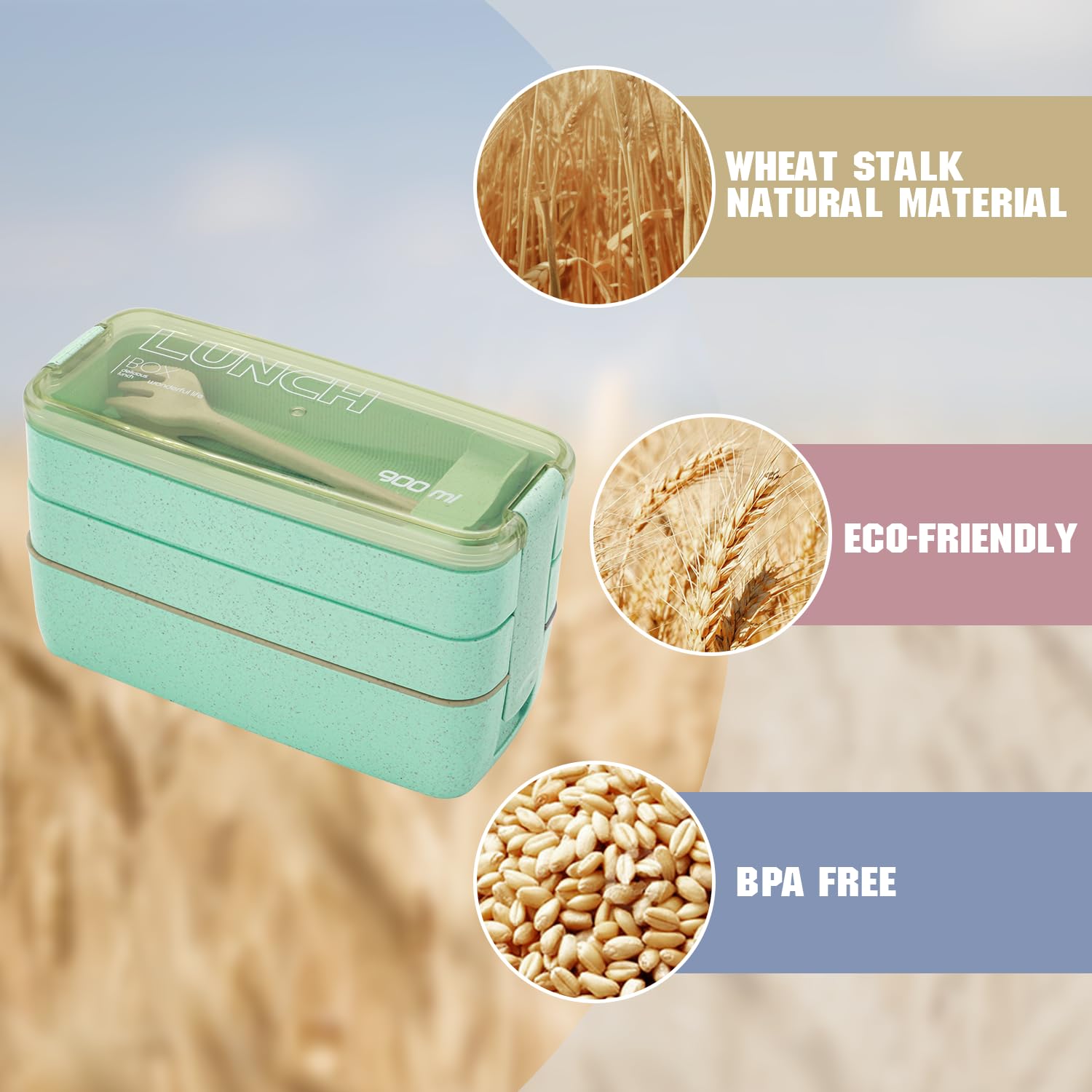 KDBFHAL Bento Box Adult Lunch Box, Stackable 3-In-1 Compartment Bento Containers Kit with Spoon&Fork, Wheat Straw Meal Prep Containers Green