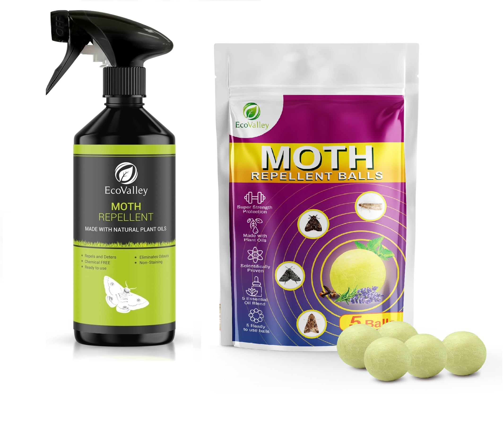 EcoValley Moth Repellent Spray - 500ml & 5 Moth Repellent Balls Kit/Bundle Lavender Scented Natural Wardrobe & Clothing Protector - Effective Carpet Protection - Alternative to Moth Balls