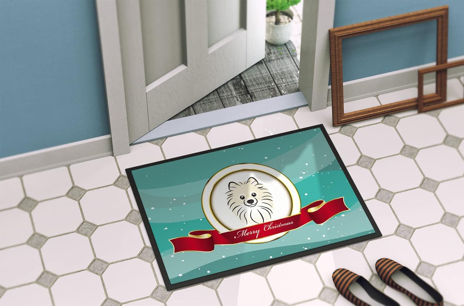 Caroline's Treasures BB1517MAT Pomeranian Merry Christmas Doormat 18x27 Front Door Mat Indoor Outdoor Rugs for Entryway, Non Slip Washable Low Pile, 18H X 27W