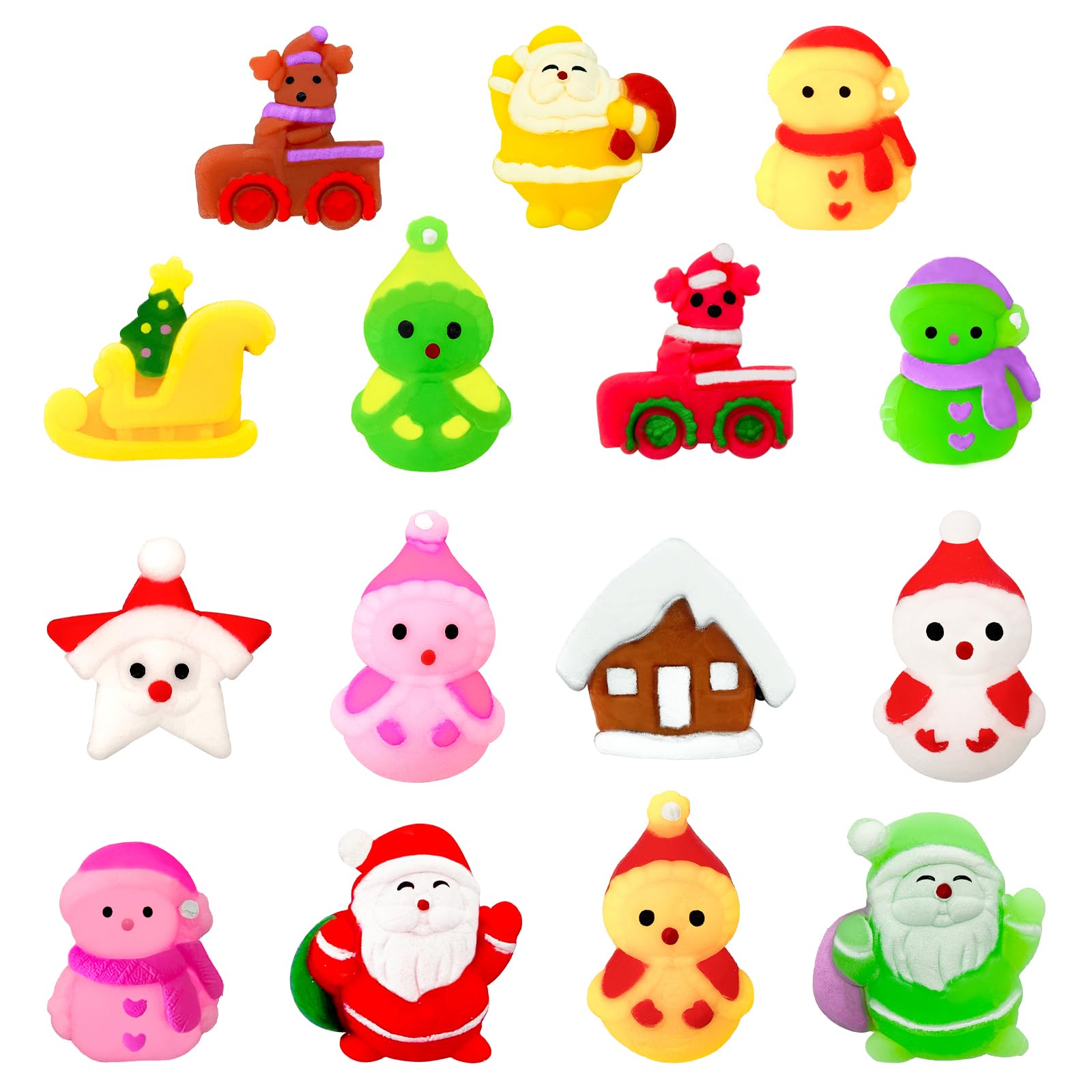 POPOYU 15Pcs Christmas Mochi Squishy Toys,2024 New Mini Kawaii Moji,Christmas Squeeze Soft Fidget Toys Include Santa Snowman Xmas Tree for Party Bags Fillers,Girls Boys Kids Treats Party Favors Gifts