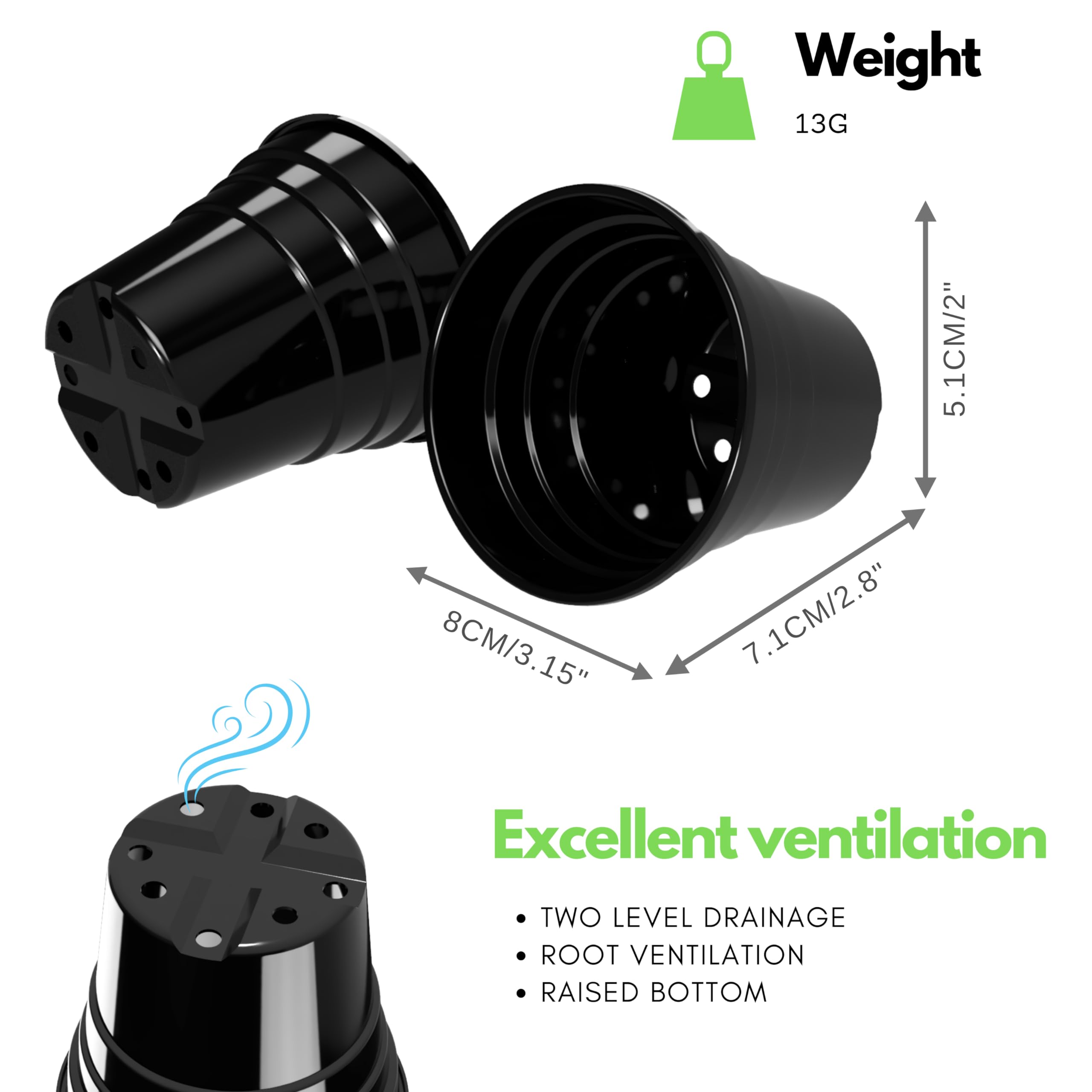 Happy Pots, 7.5cm Gloss Black, Pack of 10 Premium Plastic Plant Pots - Image 2