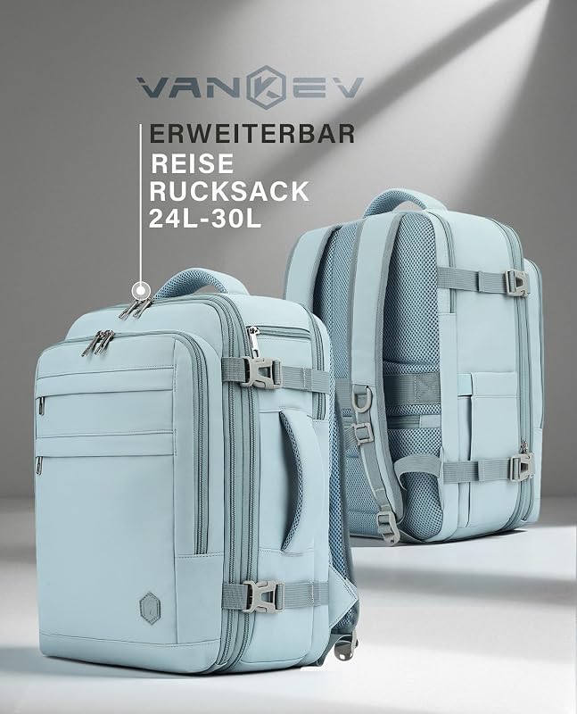 VANKEV Bővíthető Fedélzeti Hátizsák 40x30x20-25cm Ryanair EasyJet Wizz Air Laptop Táska Világoskék