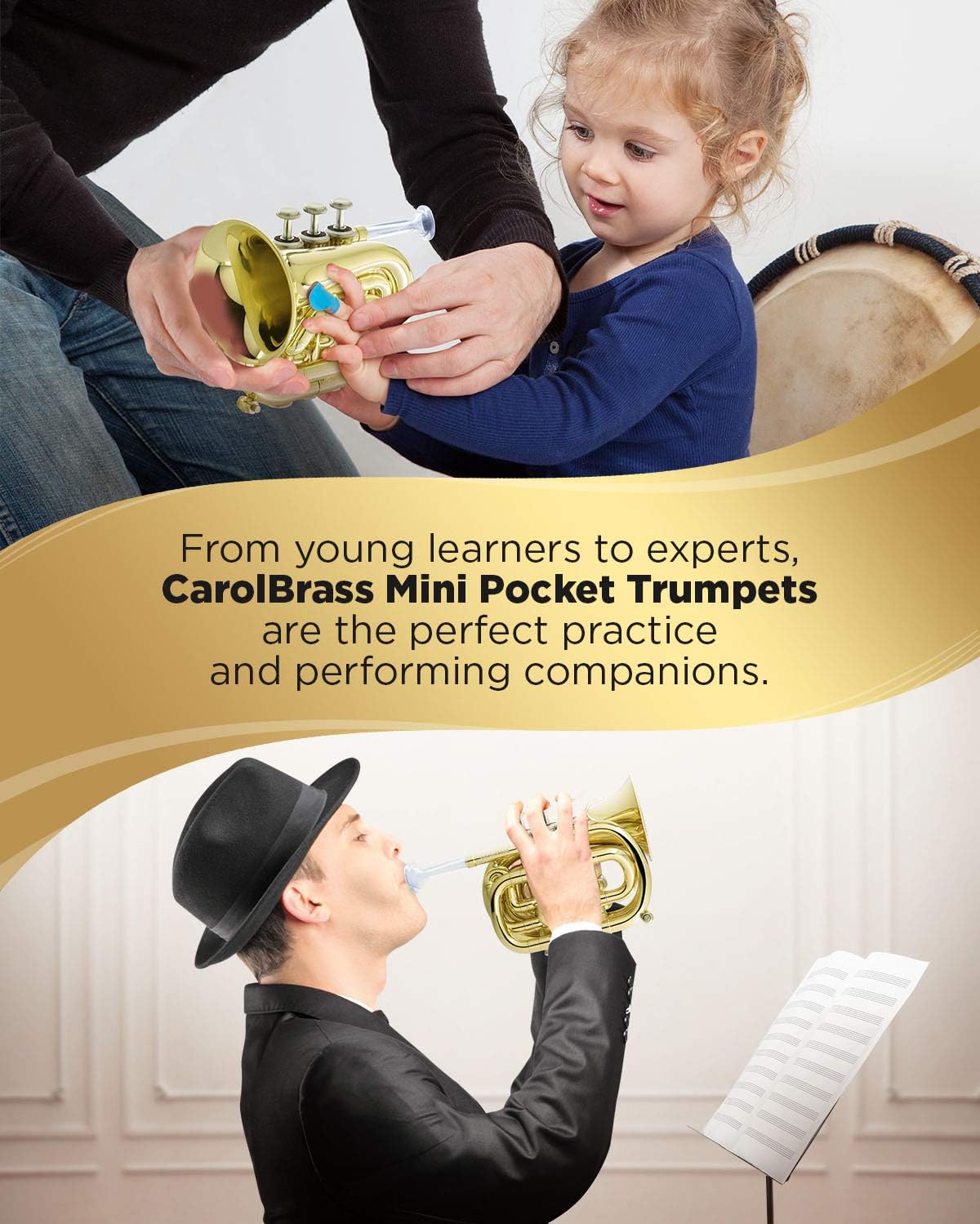 CarolBrass Bb Mini Pocket Trumpet | B-flat Travel Trumpet with Quality Lacquer Finish, Exclusive Mouthpiece, Valve Oil, Gig Case & More | Effortless Playing for Kids and Beginners (CPT-1000-YSS-Bb-L) : Musical Instruments