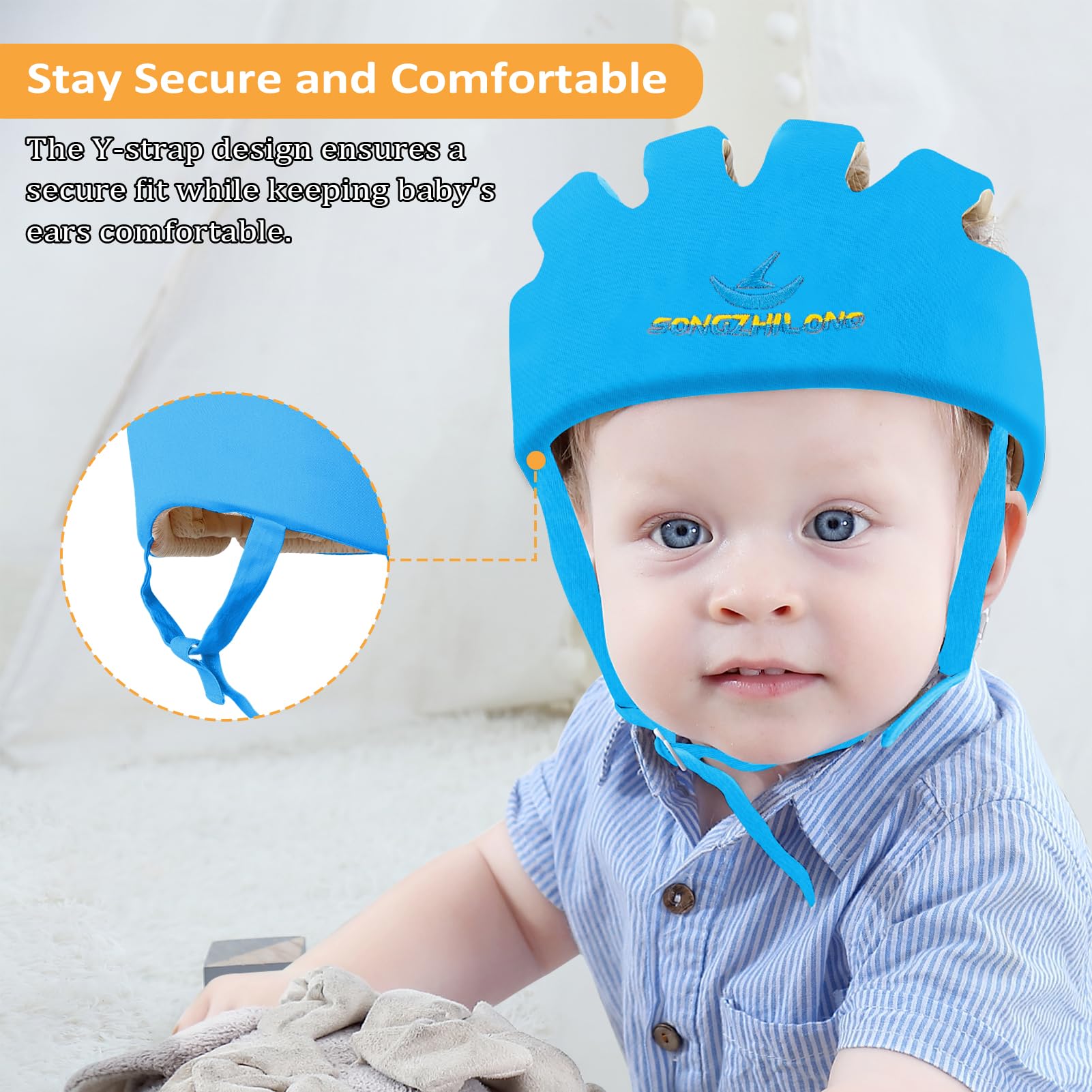 IULONEE Casco Bambino Neonati Cappello di Testa Cotone Regolabile Sicurezza Blu