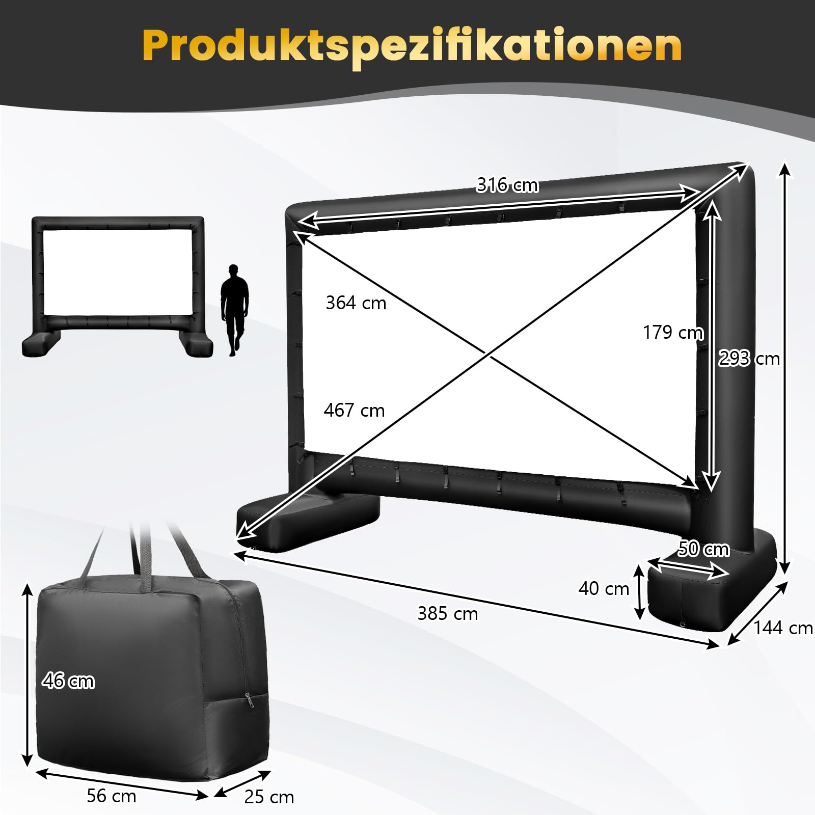 COSTWAY Aufblasbare Beamer Leinwand, 143 Zoll, Projektor Leinwand mit Gebläse und Erdspieße, 16:9, HD, 4K, doppelseitige Projektionsleinwand für Familienaktivitäten im Innen- & Außenbereich