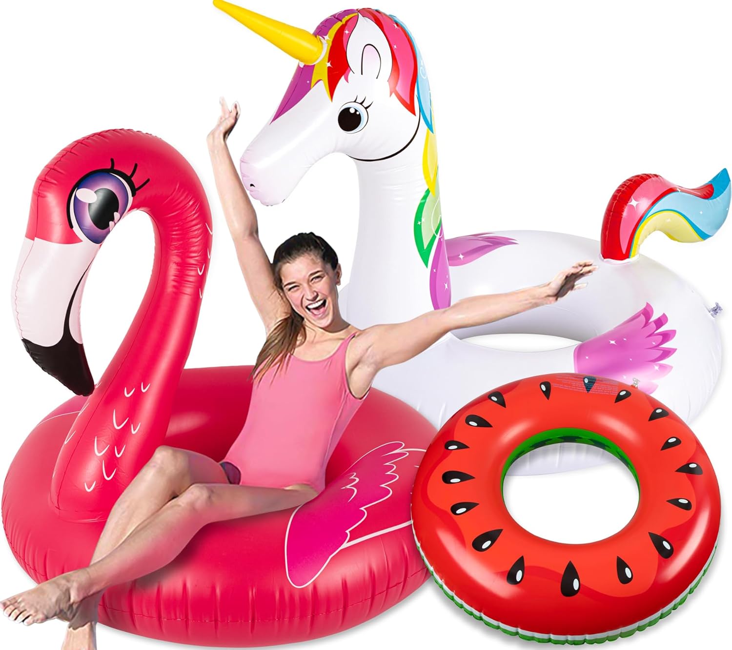 90shine 3PCS Pool Floats Adult Set - Unicorn + Flamingo + Watermelon Inflatable Beach Floaties Swimming Ring Toys for Adults, Kids 8-12,Teenager Water Party Supplies