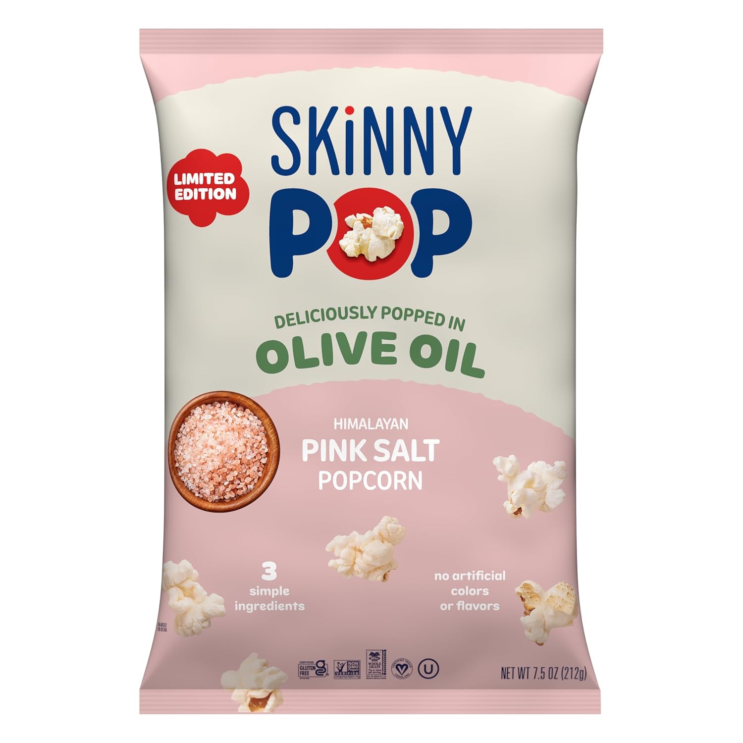 SKINNYPOP Himalayan Pink Salt Olive Oil Popcorn Bag, Whole Grain, Dairy-Free Snack, 7.5 oz. Bag