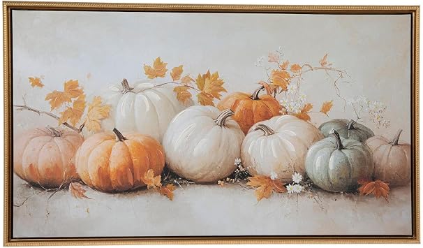 Hobby Lobby Autumn Pumpkins Framed Canvas Wall Art, 15.5" x 26.5" | Fall Harvest Decor, Cream, White, Orange & Gold, Rectangle