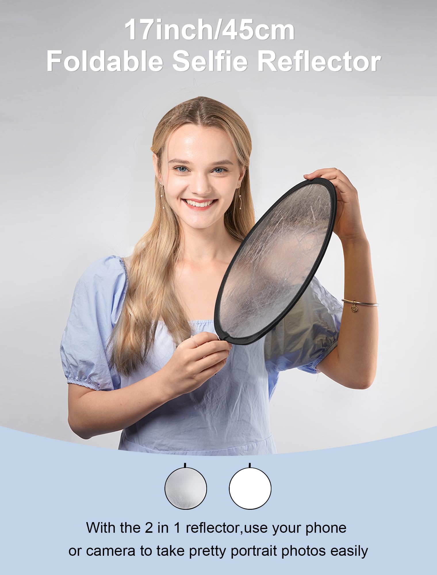Selens 2 in 1 Foldable 17inch/45cm Light Reflector,Collapsible Disc Photography Reflector Silver,White for Portable Portrait Photography and Outdoor Lighting