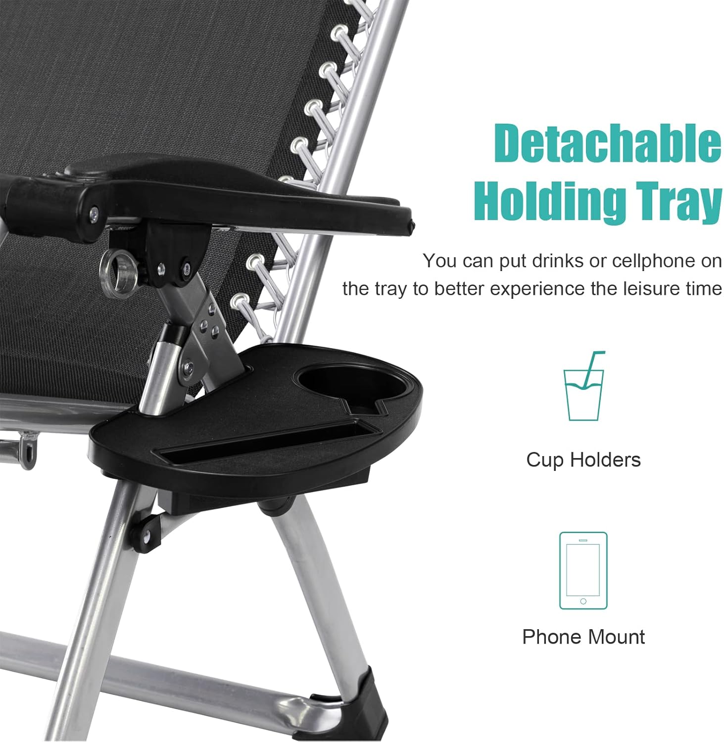 Outvita Zero Gravity Chair, Outdoor Padded Lounge Chair, Stable Metal Folding Recliner w/Cup Holder & Phone Mount for Deck Lawn Patio Poolside Yard, Gray