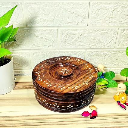 Homefrills Handicrafts Sheesham Wood White Flower design Chapati/Roti Box, Casserole,Wooden hotpot roti Box,chapati Holder, Hot Case Roti Server for Kitchen,Dinning Table Serveware Size-23 * 11 cm