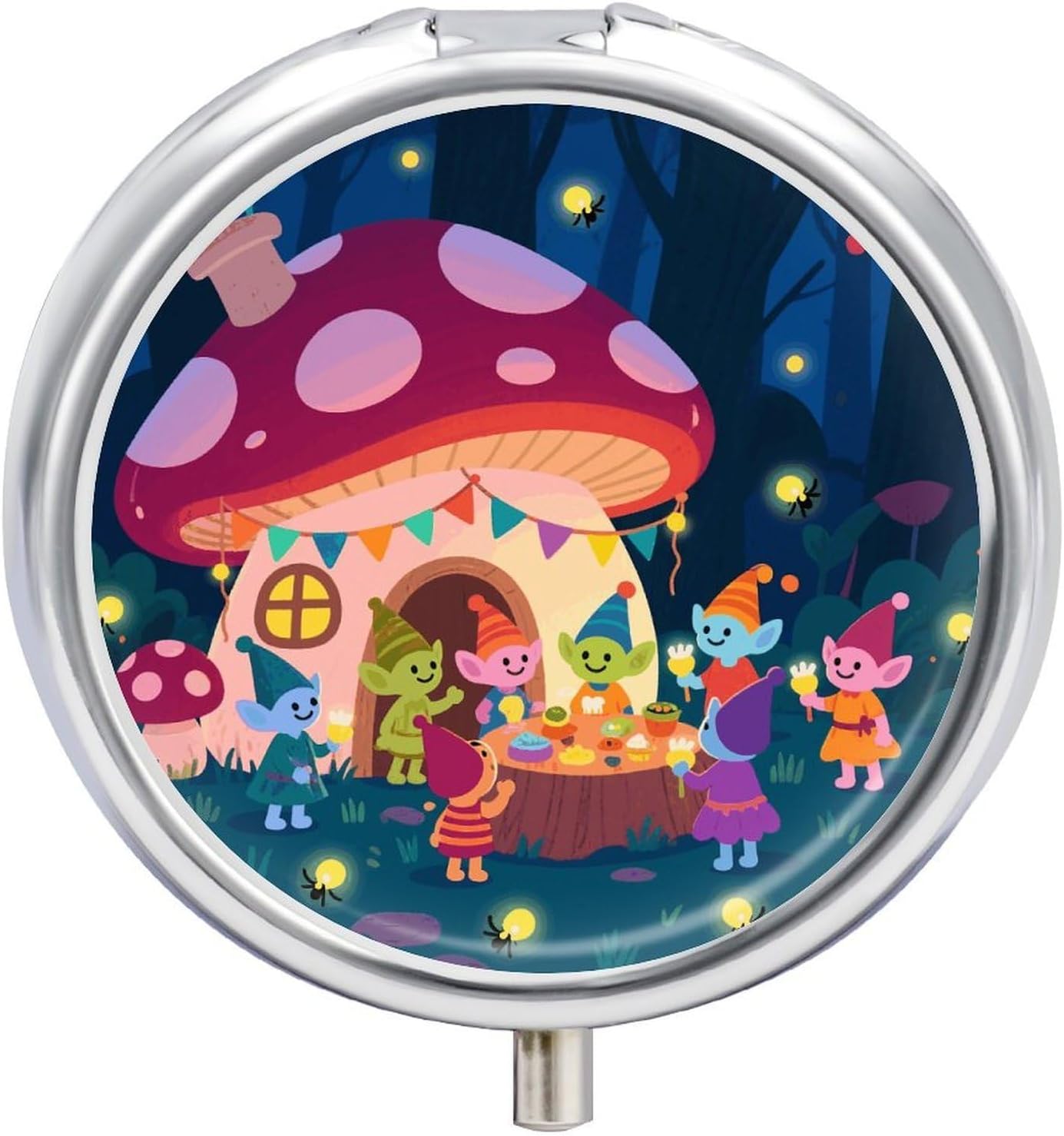 Fairy Party in Forest Metal Pill Organizer, 3 Compartment Waterproof Pill Case with Mirror for Purse Pocket Bag, Daily Medicine Vitamin Holder, Portable Travel Med Container(Round)