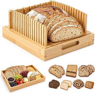 Bamboo Sourdough Bread Slicer for Homemade Bread, Adjustable Bread Slicing Guide with Crumb Tray, Wooden Loaf Cutter for Round Artisan Bread, Toast, Sandwiches，Brunch Board & Home Bakers