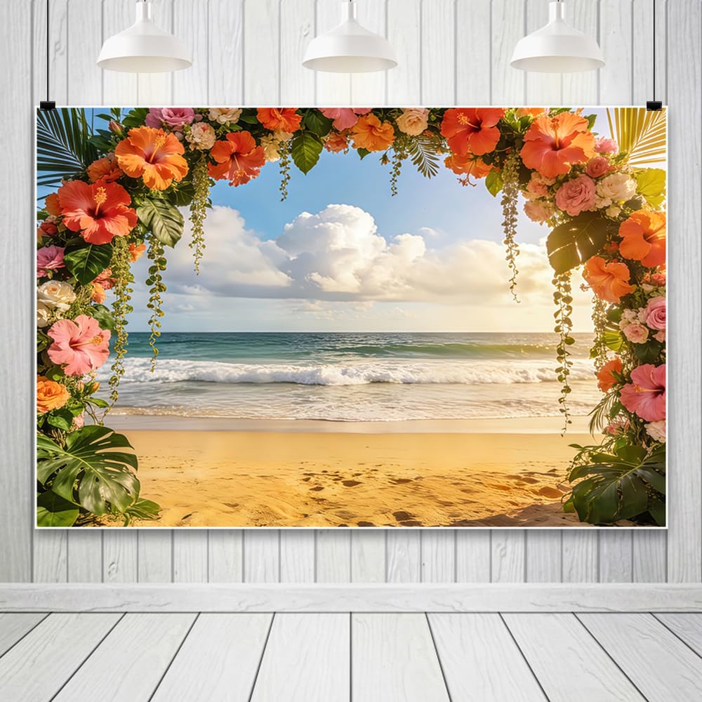 3 x 2,5 m tropikalny hibiskus, łuk kwiatowy, plażowy, styl ślubny, z pomarańczowymi różowymi kwiatami nad falami morskimi, tło do hawajskiej fotografii letniej