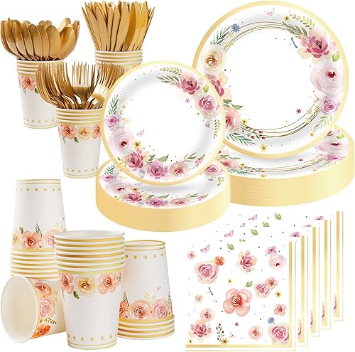 353 platos de papel floral y servilletas para fiestas, sirve 50 decoraciones florales, incluye platos, vasos, servilletas, cubiertos, pancarta,