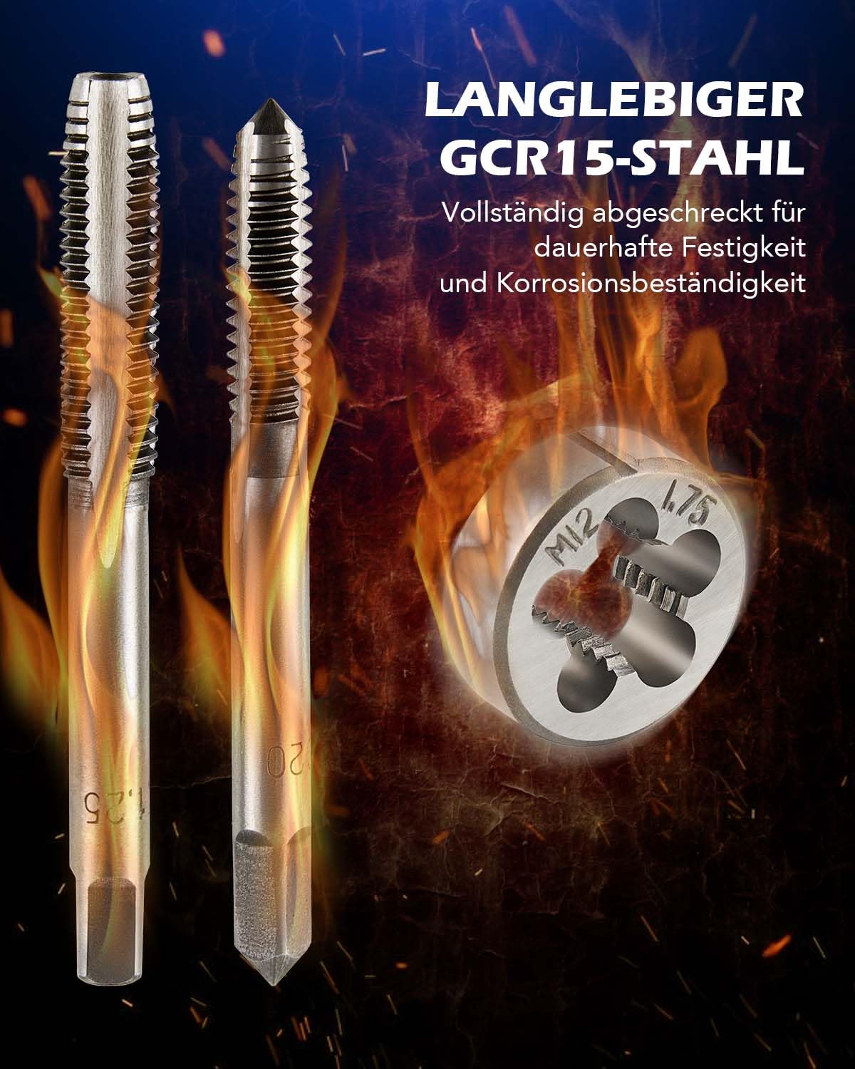 Orion Motor Tech Gewindeschneider Set 40 tlg. Gewindeschneidsatz Metrisch M3-M12 Gewindebohrer und Schneideisen für DIY Heimwerker zum Gewindeschneiden und Nachschneiden von Innen- und Außengewinden