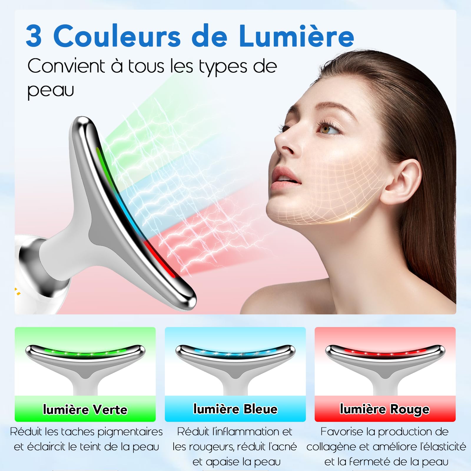 Appareil Massage Visage, DOCOCO Appareil Anti Rides Visage, 45 °C Chauffable pour Massage Visage, 3 Modes LED avec Lifting EMS pour Raffermissement du Visage et du Cou