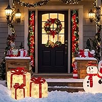 Vista 6 de Decoraciones de Navidad, juego de 3 cajas de regalo iluminadas de Navidad, cajas de regalo de Navidad a pilas, LED blanco cálido con lazos