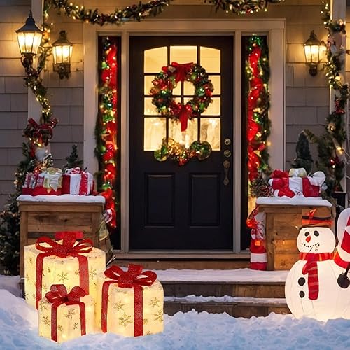 Miniatura 6 de Decoraciones de Navidad, juego de 3 cajas de regalo iluminadas de Navidad, cajas de regalo de Navidad a pilas, LED blanco cálido con lazos para