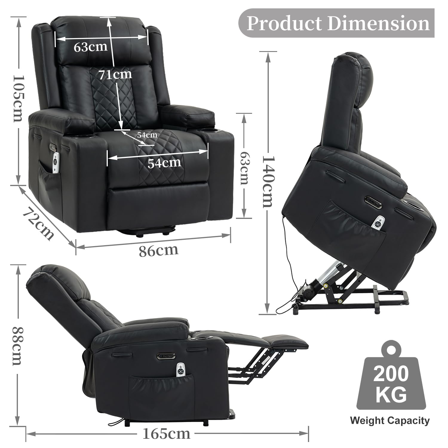 Sillón de relax con ayuda para levantarse eléctrico, ajustable, con función reclinable, función de masaje, función de calor, conectores tipo C y USB, sillón de lectura, sillón de TV, salón