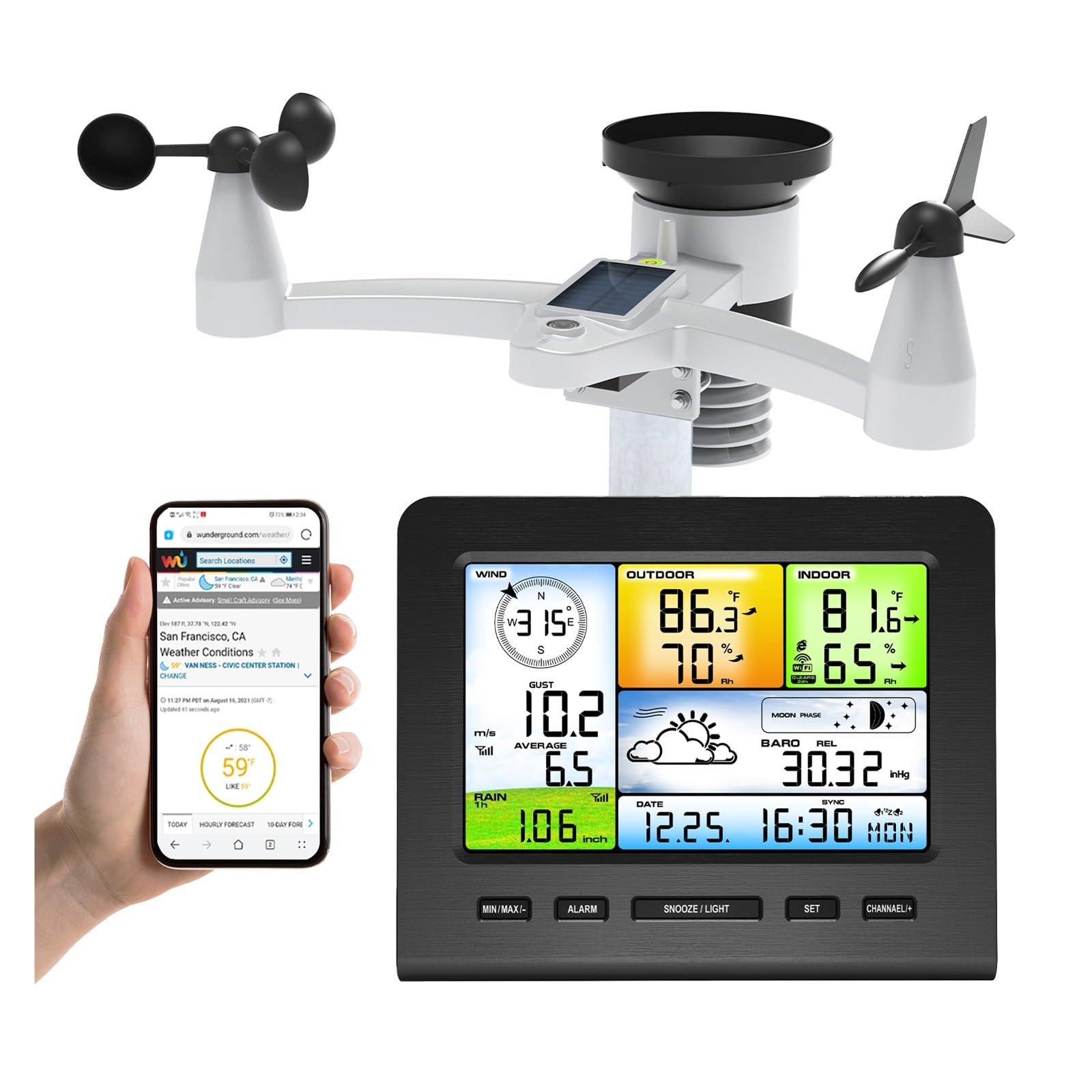 Kabelloses Solar-Thermometer mit digitalem Thermo-Hygrometer, LCD-Display, WLAN, Temperatur, Luftfeuchtigkeit, Windgeschwindigkeit