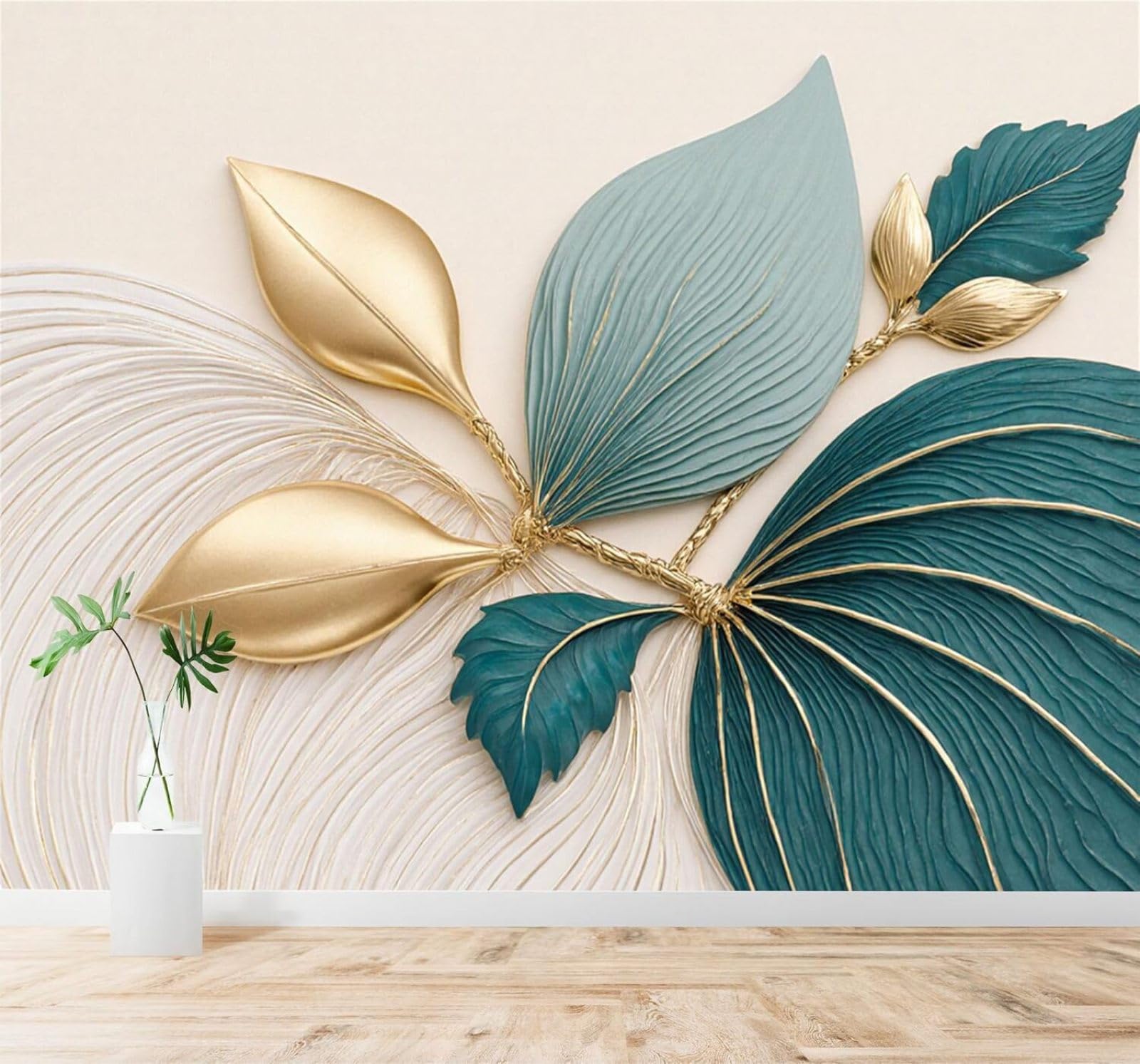 XLMING Gold Teal Leaves Elegant Texture Lines Art 3D Wallpaper Silky Texture Home Study Office Grey Dining Room Sofa Bedroom Living Room TV Backdrop-300cm×210cm