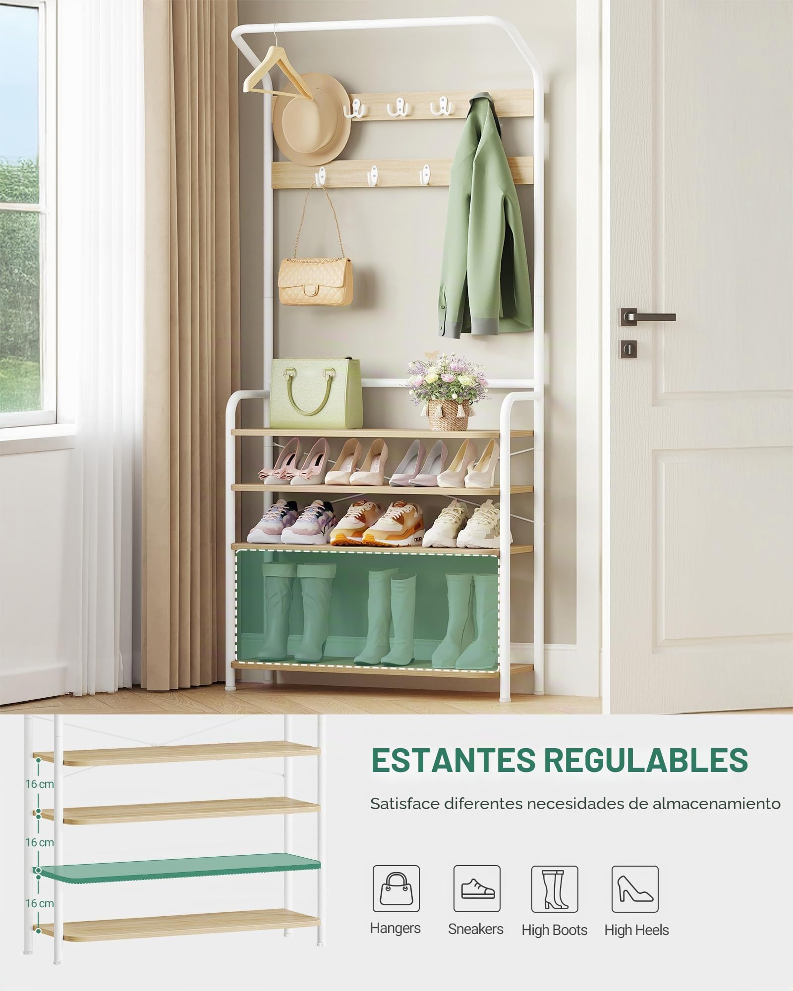 Hzuaneri Perchero Zapatero, Perchero con Banco de 5 Niveles, Roble y Blanco | Recibidor, 9 Ganchos, 1 Barra Superior, 24,5 x 78,5 x 195cm, para Entrada Pasillo, HT19016W