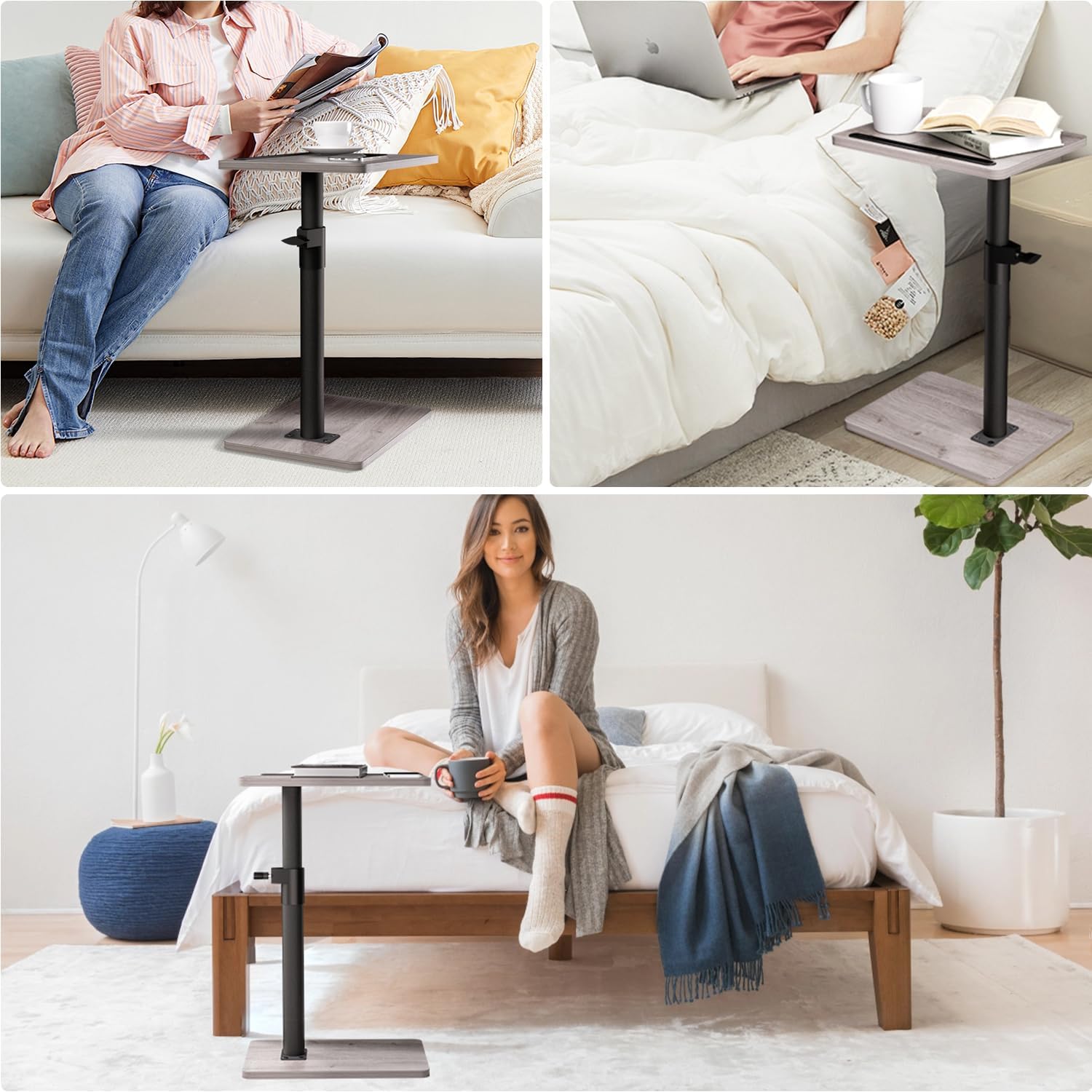 Sofa Armrest Tray Table for Couch - 360° Swivel Height Adjustable End for Small Spaces, Snack Side Table for Bed or Chair with Phone & Tablet Slot (Gray,Standard)