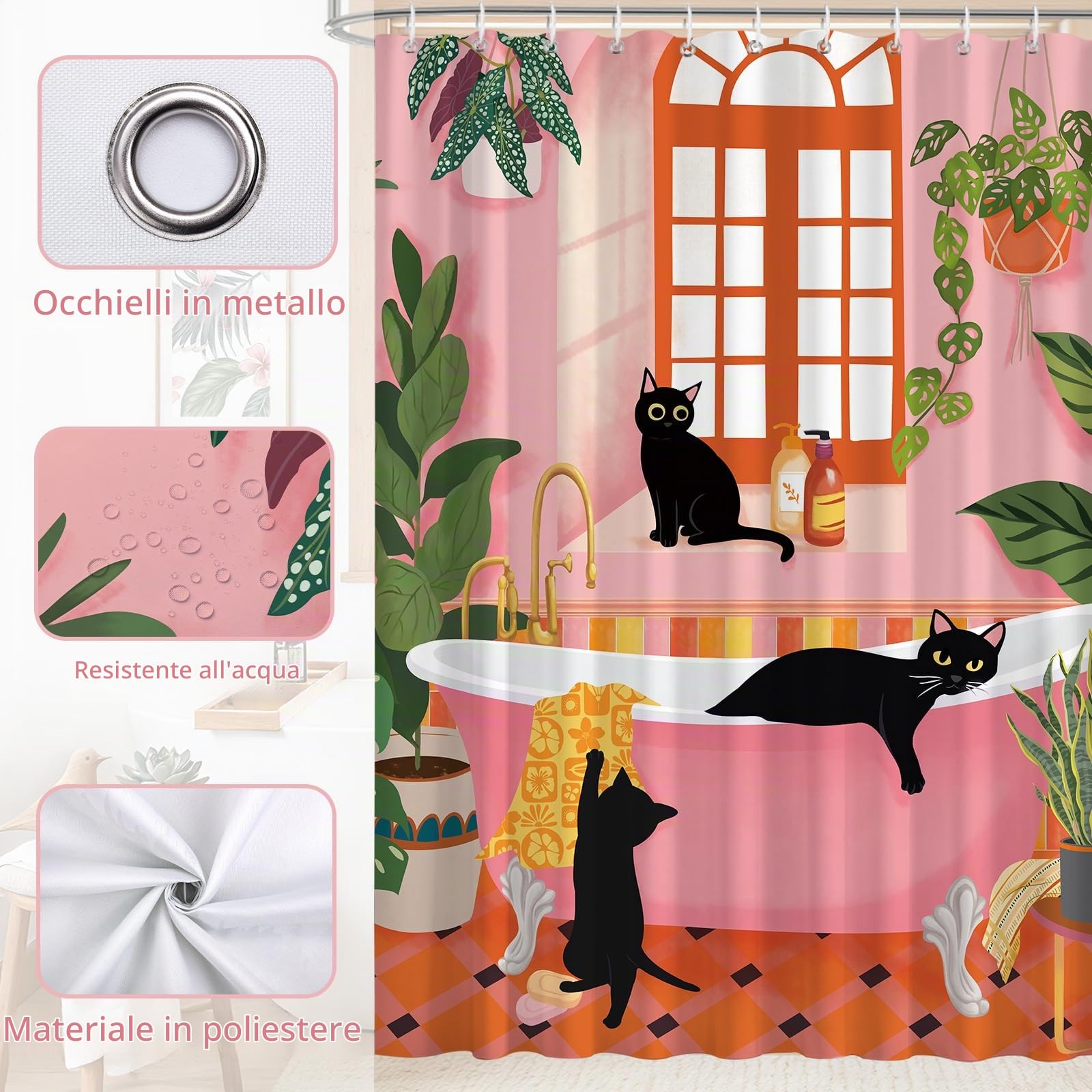 Boho Tenda da Doccia Gatto Nero 180x200 cm Vintage Carino Rosa Bagno Piante Verdi Tropicali Poliestere Impermeabile Tenda Vasca da Bagno con 12 Ganci Lavabile in Lavatrice per Casa Hotel
