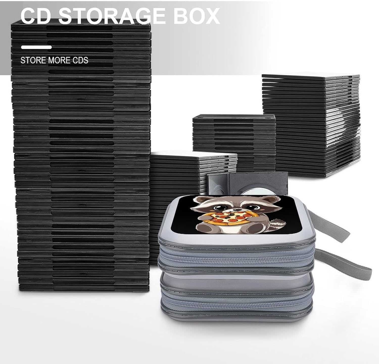 Raccoon Eating Pizza CD Case DVD Storage Holder Binder 40 Capacity | protective,hard case,protable loop,travel car use,zippered closure