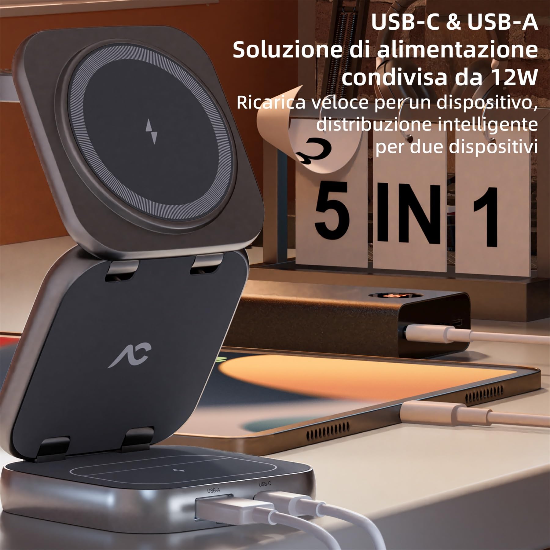 AC Island 2025 Caricatore Wireless Pieghevole 5 in 1, Stazione di Ricarica, Supporto di Ricarica Magnetica per iPhone 17/16/15/14/13/12 Serie, Apple Watch 11/Ultra, per AirPods Pro 3(Grigio)