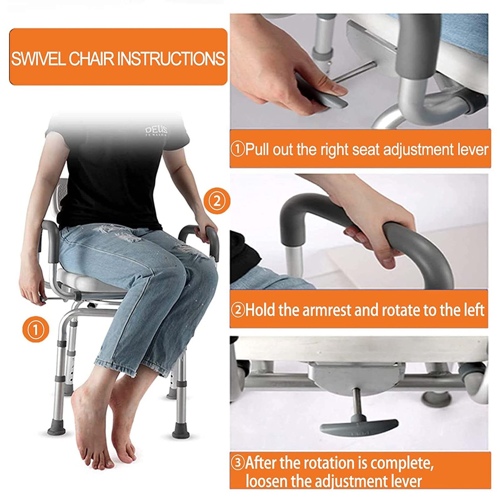 Silla de Ducha giratoria para bañera, Asiento de la Ducha Asiento Ajustable Silla de baño de 360 ° con reposapiés Acolchados Silla de Ducha Trasera para Personas Mayores para Personas Mayores