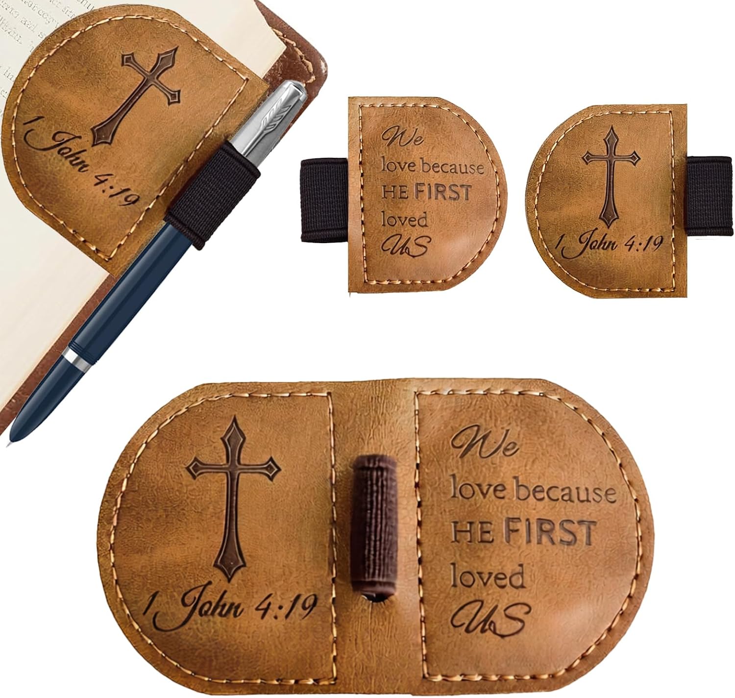 Magnetic Leather Bookmark with Pen Holder - Inspirational Bible Verse Scripture Design, Book Marker for Book Lovers Men Women (Brown-1 John 4:19)