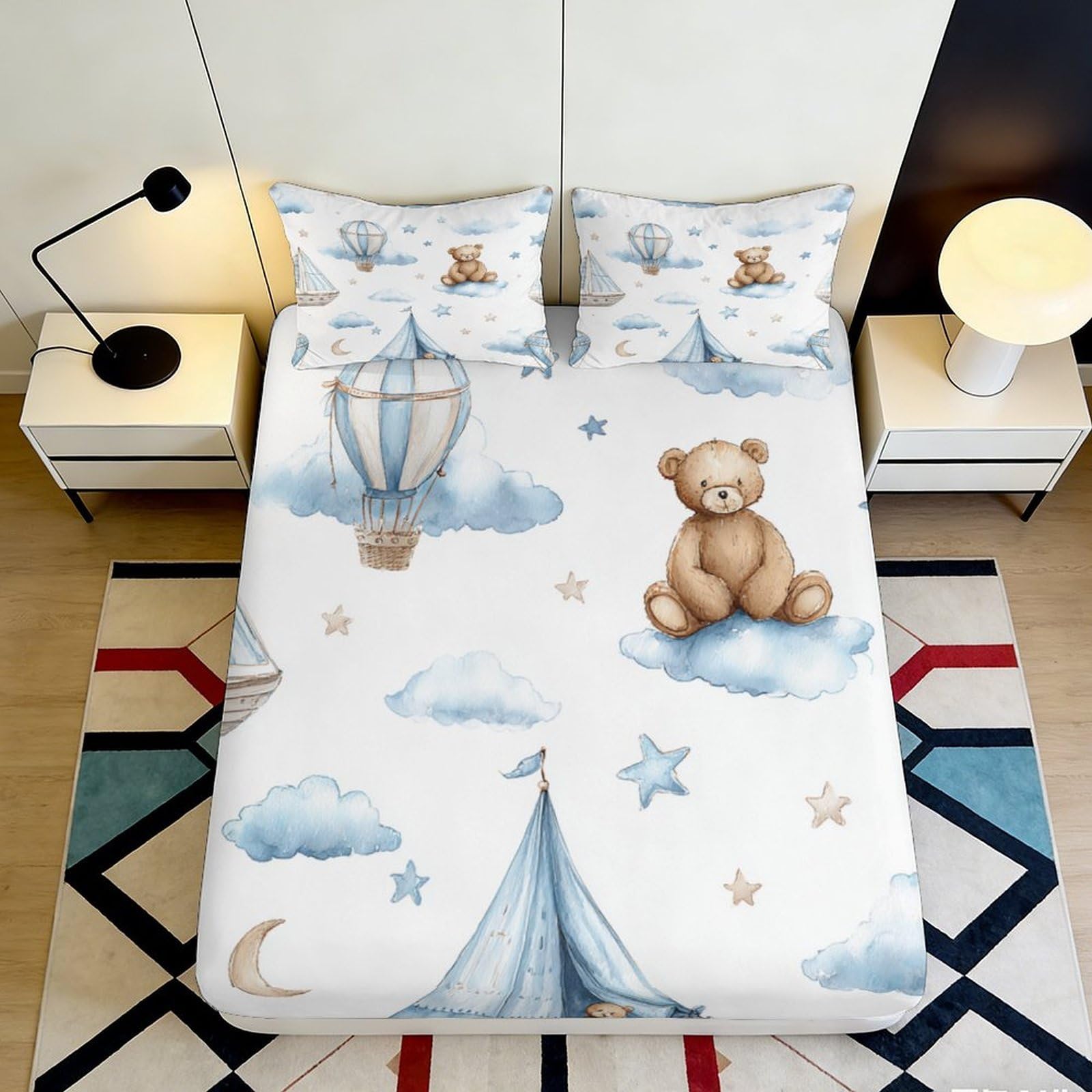 3D Printed Hot Air Balloon Fitted Sheet Microfiber Soft Breathable Cloud Bed Cover for Bedroom Dormitory Guest Room Mattress Protection Decor 180x200x25cm